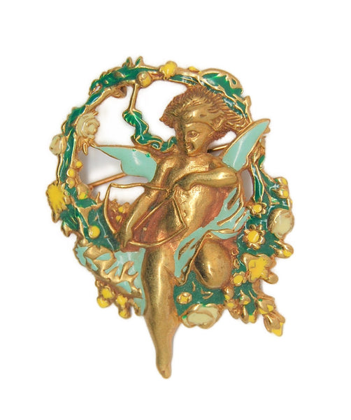 Mid-Century Floral Cupid Angel Vintage Figural Pin Brooch