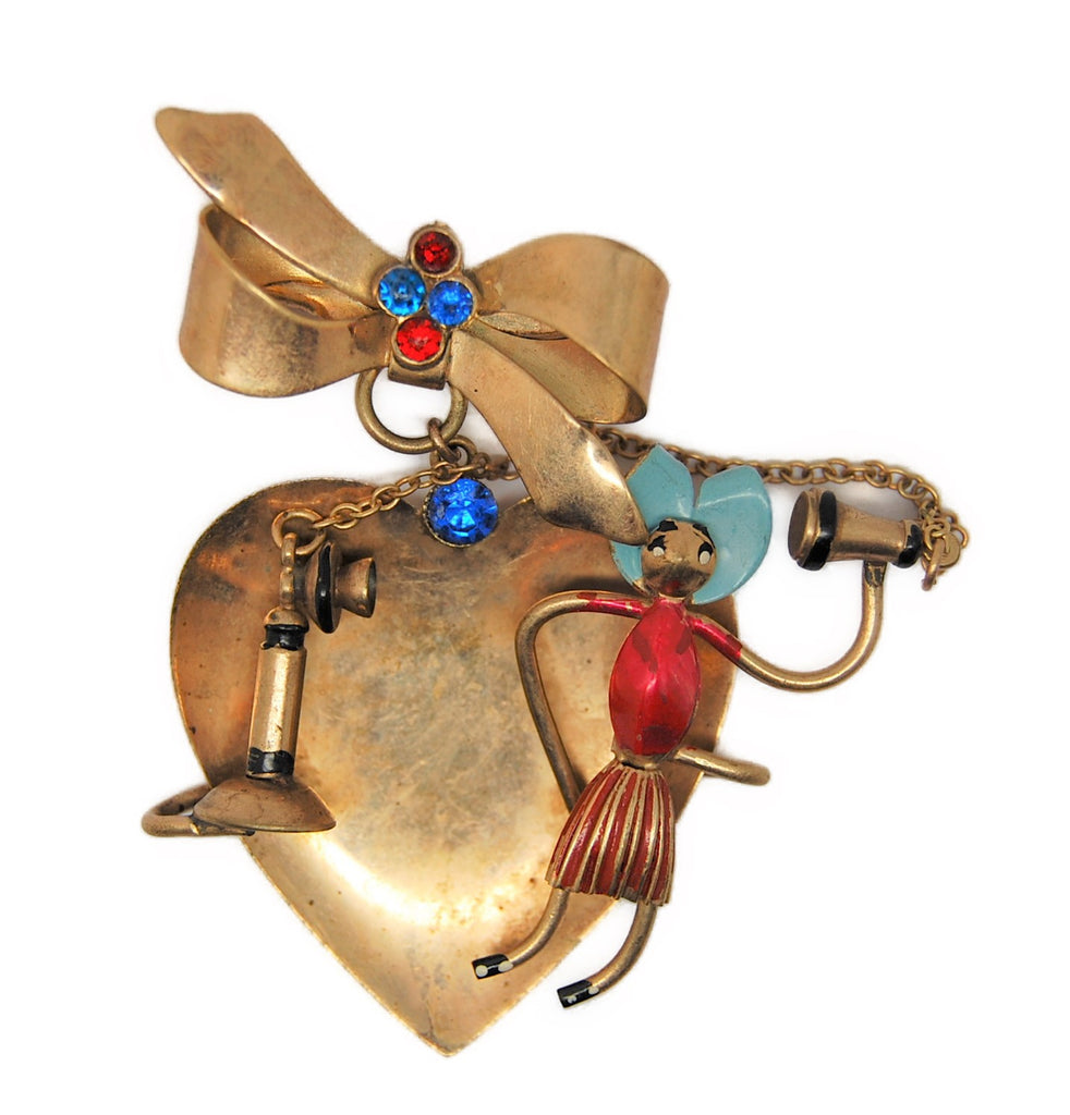 Longcraft Copper & Brass Telephone Lady Dangling Bow Heart Valentine Figural Brooch