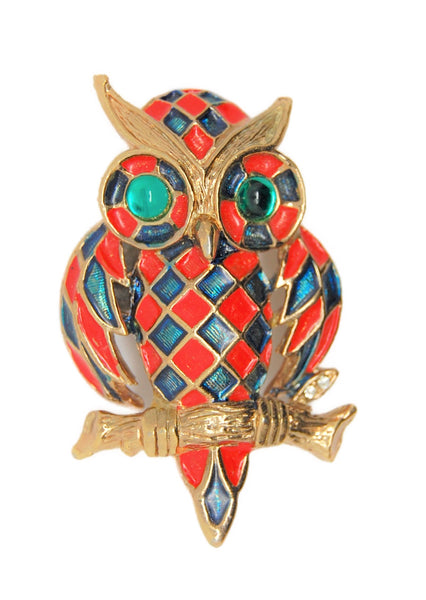 Harlequin Owl Red & Green Enamel Bright Gold Tone Vintage Figural Pin Brooch