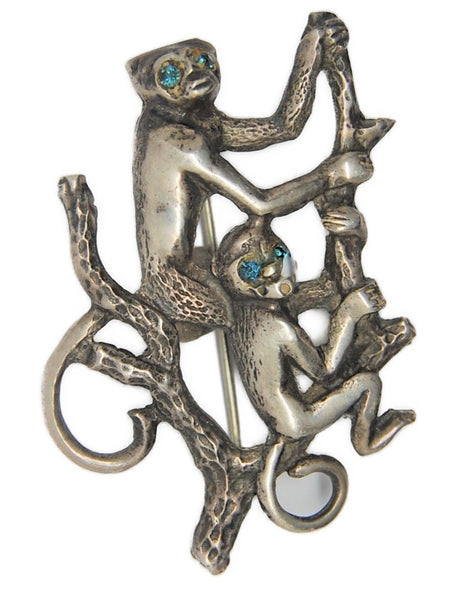 Lemur Monkeys Branch Sterling Vintage Figural Pin Brooch