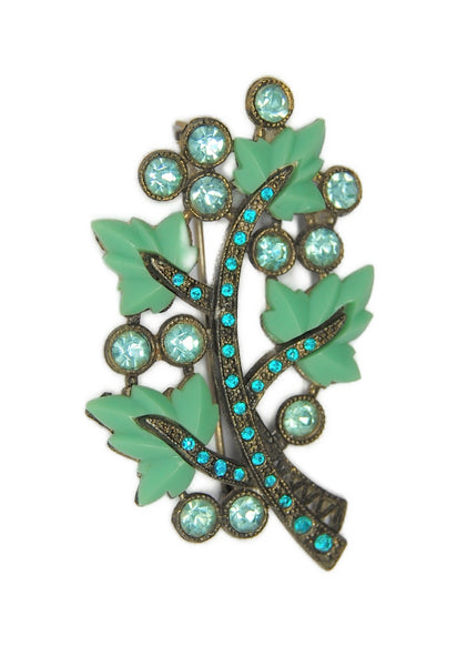 Little Nemo L/N Celluloid Leaves & Rhinestones Vintage Figural Pin Brooch