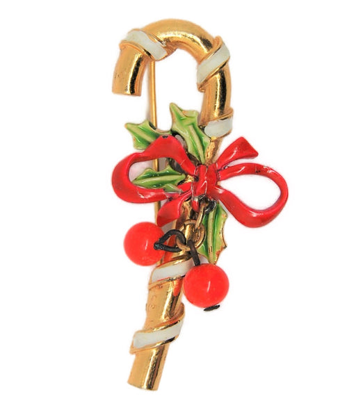 ART Candy Cane Holly Ribbon Christmas Vintage Figural Brooch