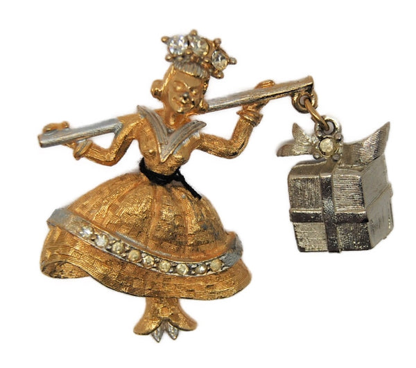 BSK Queen of Gifts Dangling Vintage Figural Pin Brooch
