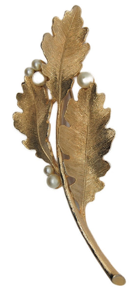 Ciner Triple Golden Leaf Pearl Stem Vintage Figural Pin Brooch