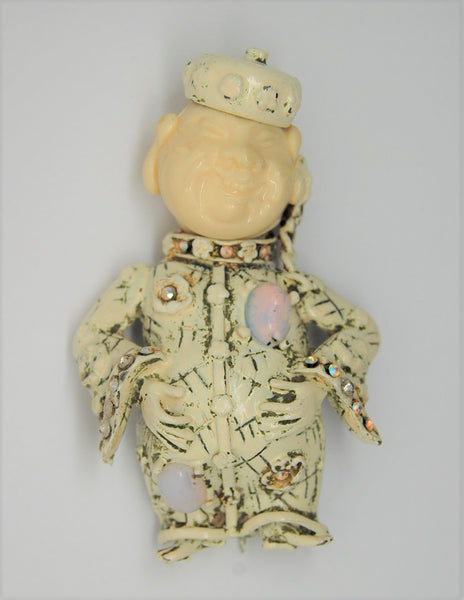 HAR Chuckling Buddha Emperor Whitewash Aurora Vintage Figural Pin Brooch