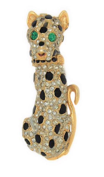 Sphinx Pave Rhinestone Black Enamel Leopard Cat Vintage Figural Brooch