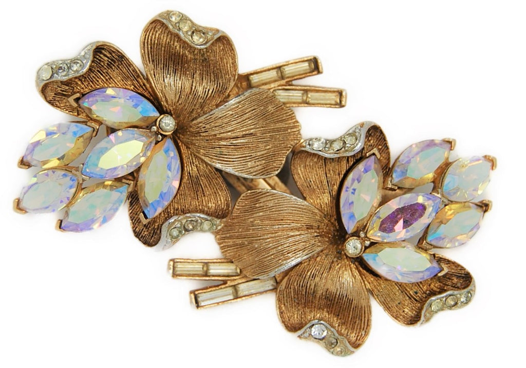 Vendome Aurora Fur Clips Floral Duette Vintage Figural Brooch Set