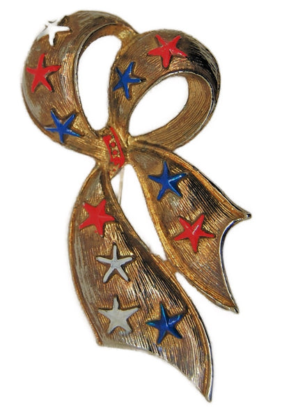 Patriotic Red White & Blue Stars Bow Vintage Figural Pin Brooch