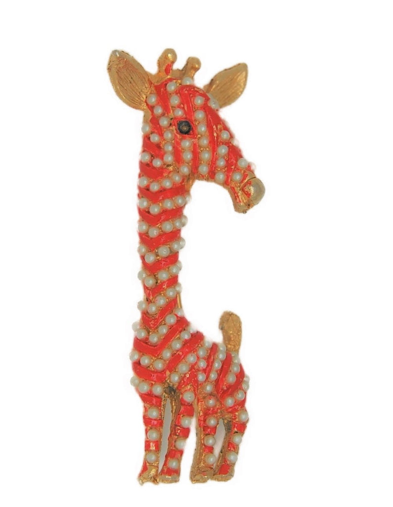 Orange Pearl Pave Giraffe Vintage Figural Costume Pin Brooch