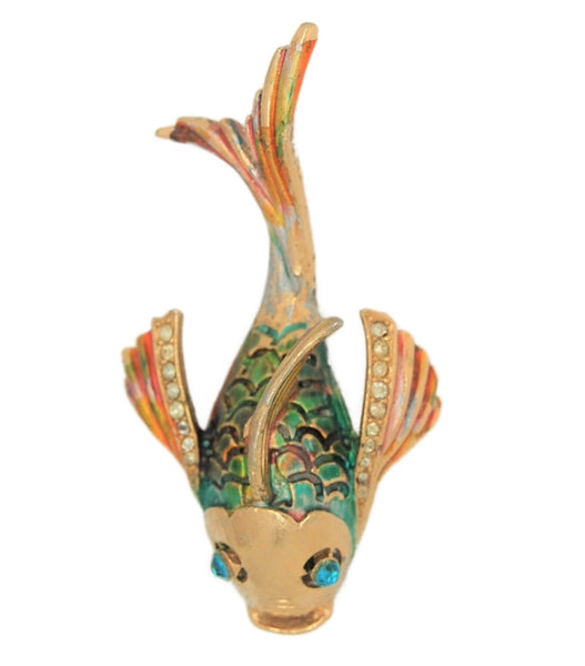 Bright Enamel & Rhinestone Finned Gold Fish Vintage Costume Figural Pin Brooch