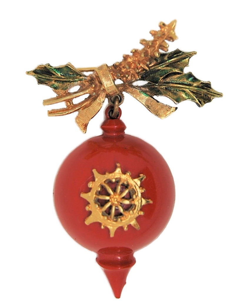 ART Holiday Christmas Ornament Red Enamel Dangling Vintage Brooch