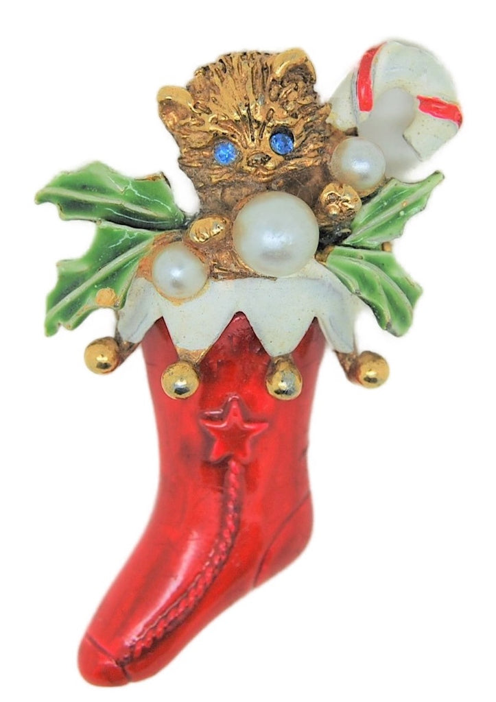 ART Holiday Christmas Stocking Kitty Cat Cane Figural Vintage Brooch