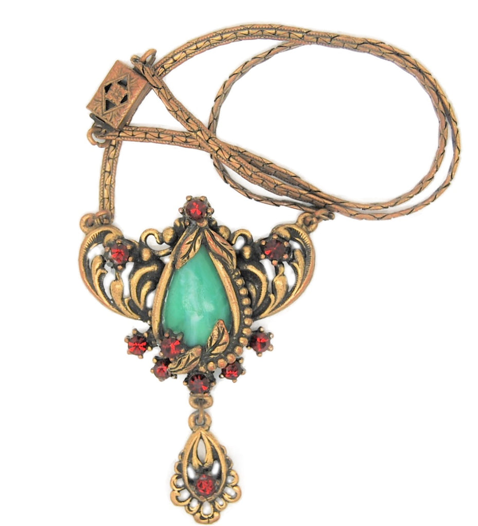 1920s Art Deco Jade & Ruby Red Rhinestones Dangle Vintage Necklace