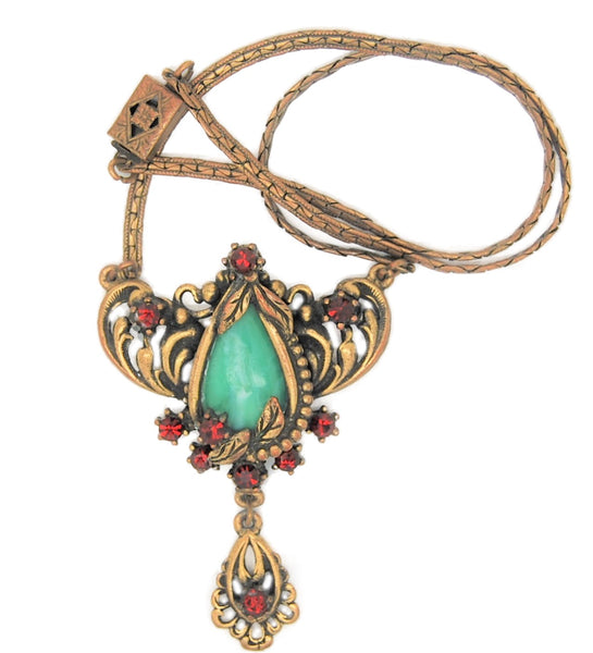 Art Deco Czech Pressed Jade & Ruby Red Rhinestones Dangle Vintage Necklace