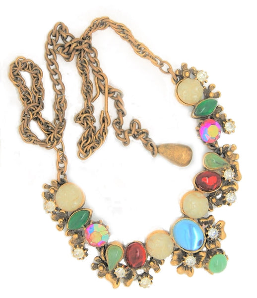 Art Deco Floral Multi Shapes Stones Pearls Vintage 1940s Necklace
