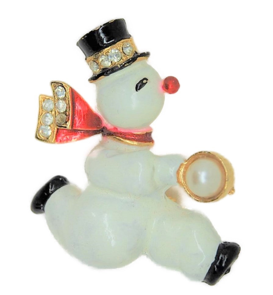 Weiss Snowman Enamel Pearl Holiday Figural Vintage Brooch