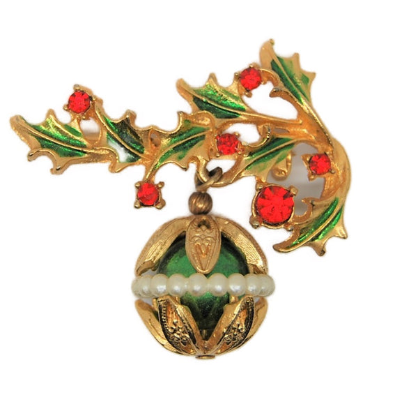 Tancer II Holly Berries Dangling Enamel Ornament Vintage Figural Brooch