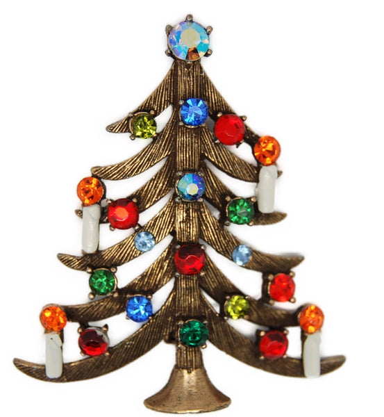 Weiss Christmas Branch Candles Tree Rhinestones Vintage Figural Brooch