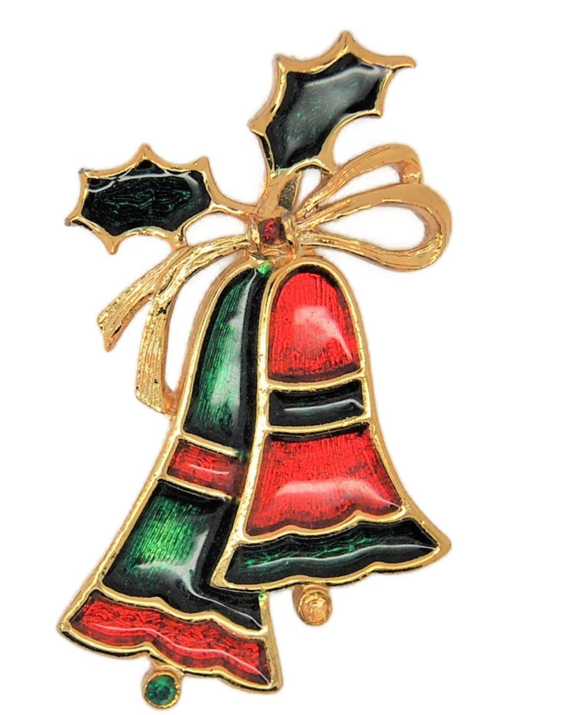 Beatrix Christmas Bells Holly Stained Glass Rhinestones Figural Brooch