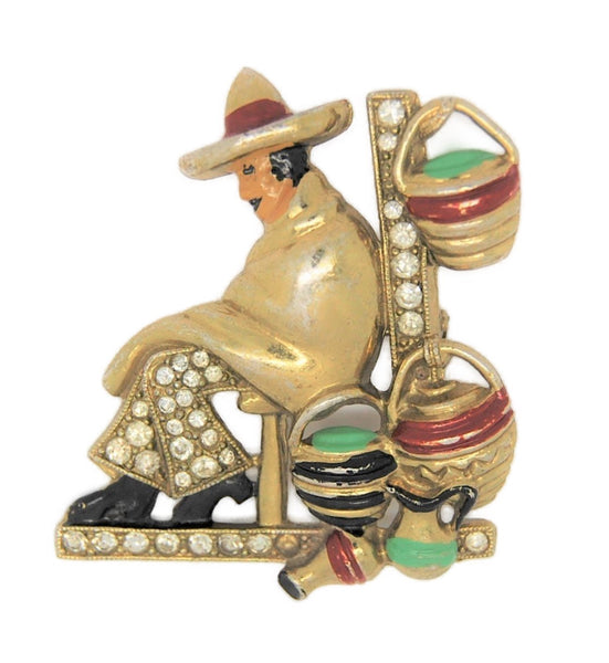 Bauman Massa Mexican Pot Seller Vintage Figural Pin Brooch - 1940s