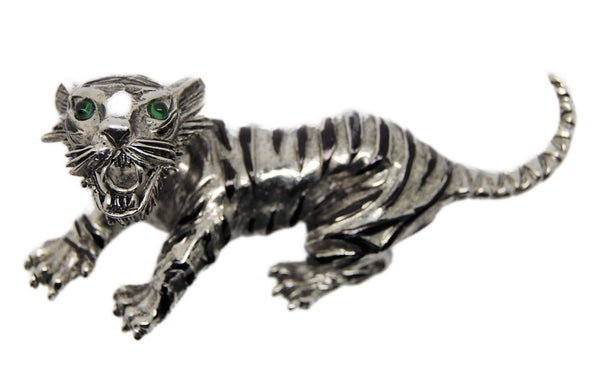 Carnegie Green-Eyed Striped Tiger Cat Vintage Figural Pin Brooch