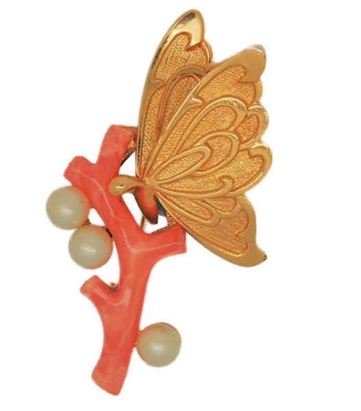 Carnegie Butterfly Coral & Pearls Vintage Costume Figural Pin Brooch