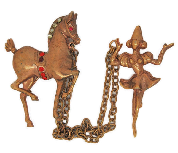 Circus Horse & Dancer Gold Tone Chatelaine Vintage Figural Brooch Set