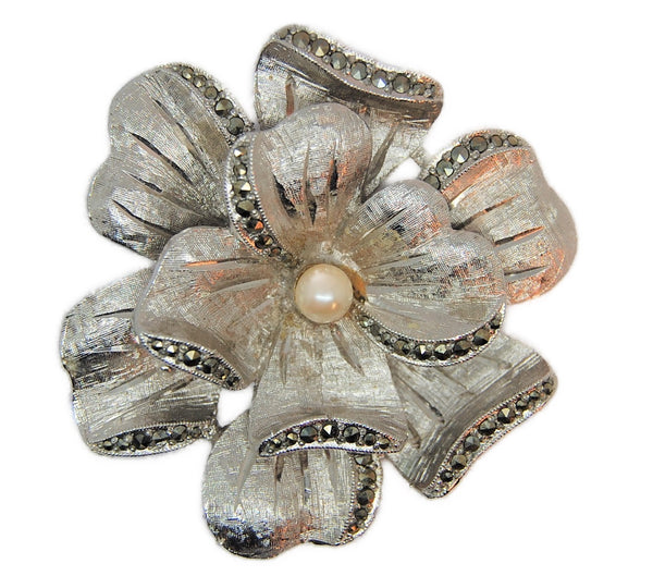 Lisner Marcasite Blossom Pearl Vintage Figural Pin Brooch