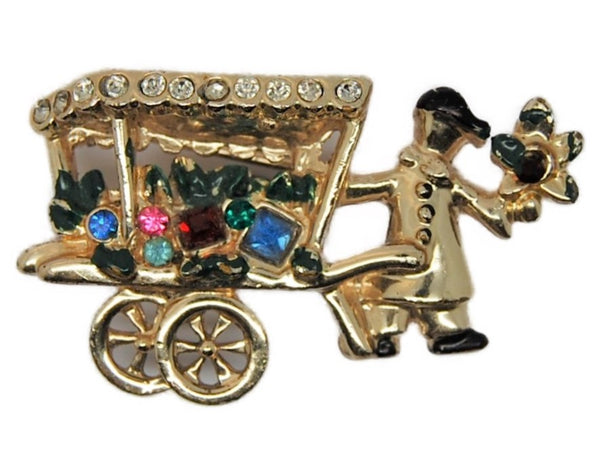 Coro Smalls Flower Seller Cart Vintage Figural Pin Brooch