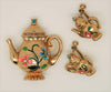 Coro Teapot Floral Figural Brooch and Matched Earrings A. Katz 1948