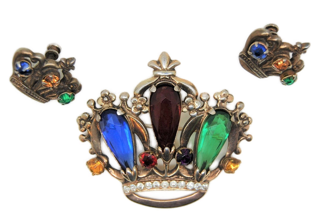 Art Deco Royal Crown & Earrings Sterling Vintage 1940's Figural Pin Brooch Set