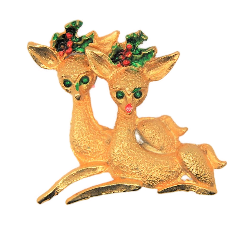 Christmas Deer Holly & Berries Vintage Figural Brooch - 1960s