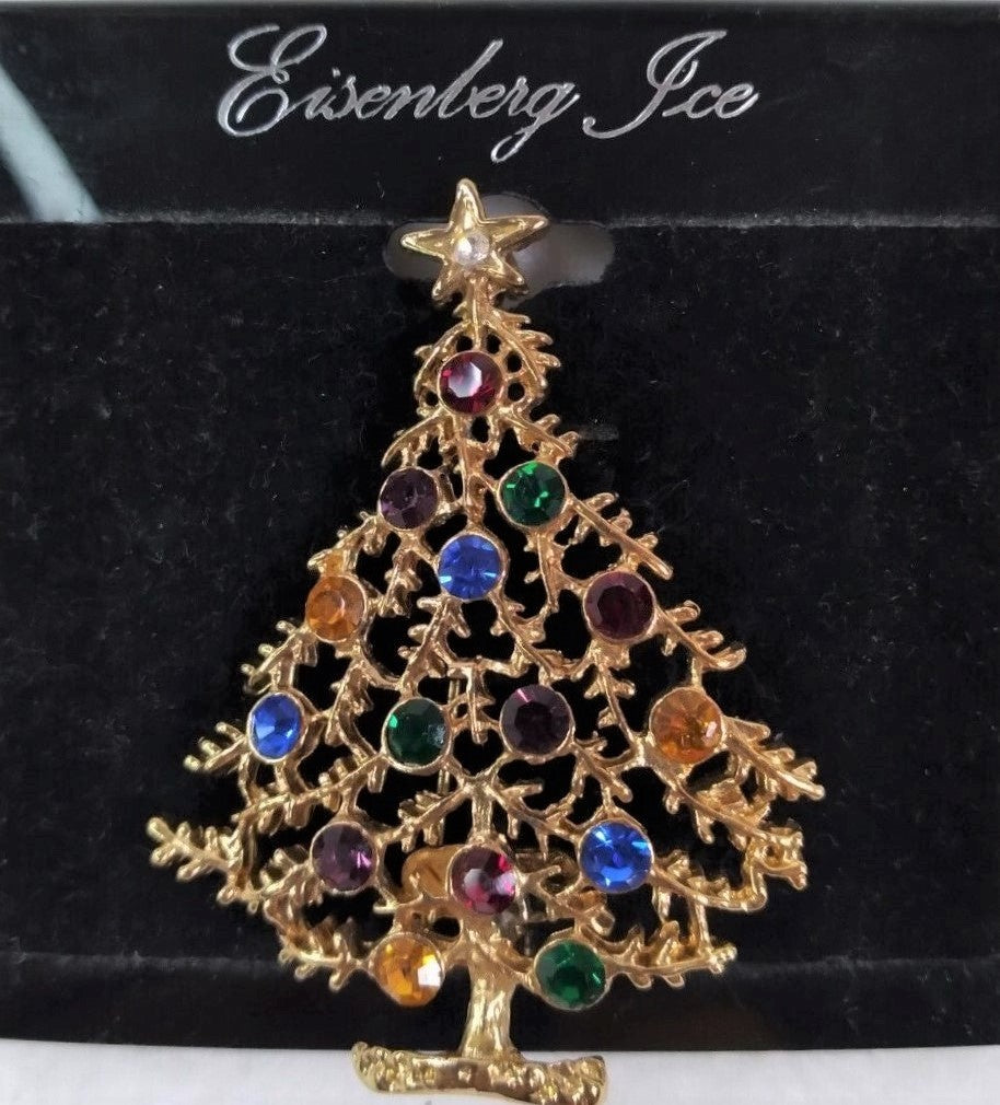 Eisenberg Ice Multi-Color Rhinestone Branchy Christmas Tree Figural Pin Brooch