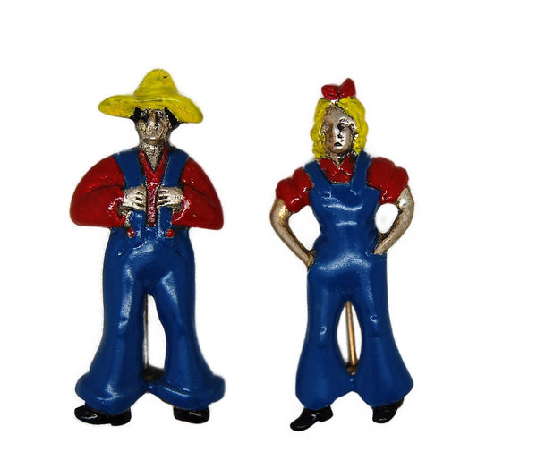 Patriotic Farmers in Overalls WW2 Vintage Figural Brooches 1943 Sterling