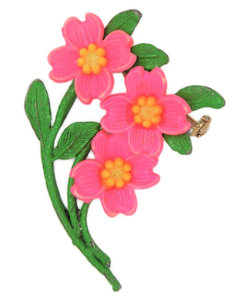 Shocking Pink Floral Blossoms Vintage Figural Costume Pin Brooch