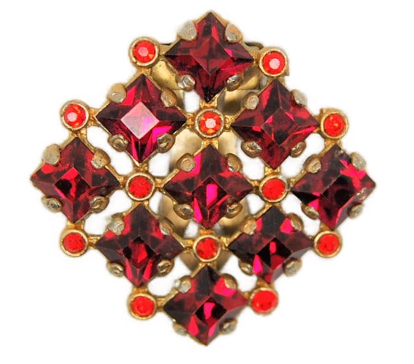 Glass Works Square Cut Ruby Red Costume Dress Clip Pin Brooch