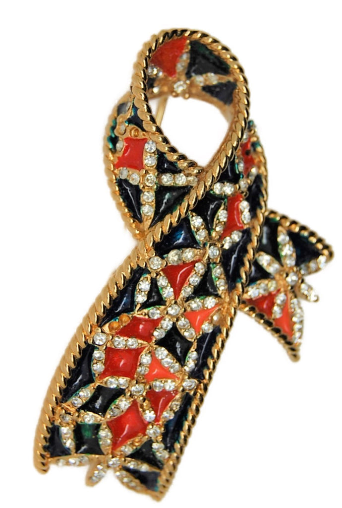 Gontie Paris Rememberance Ribbon Gold Plate Swarovski Vintage Figural Pin Brooch