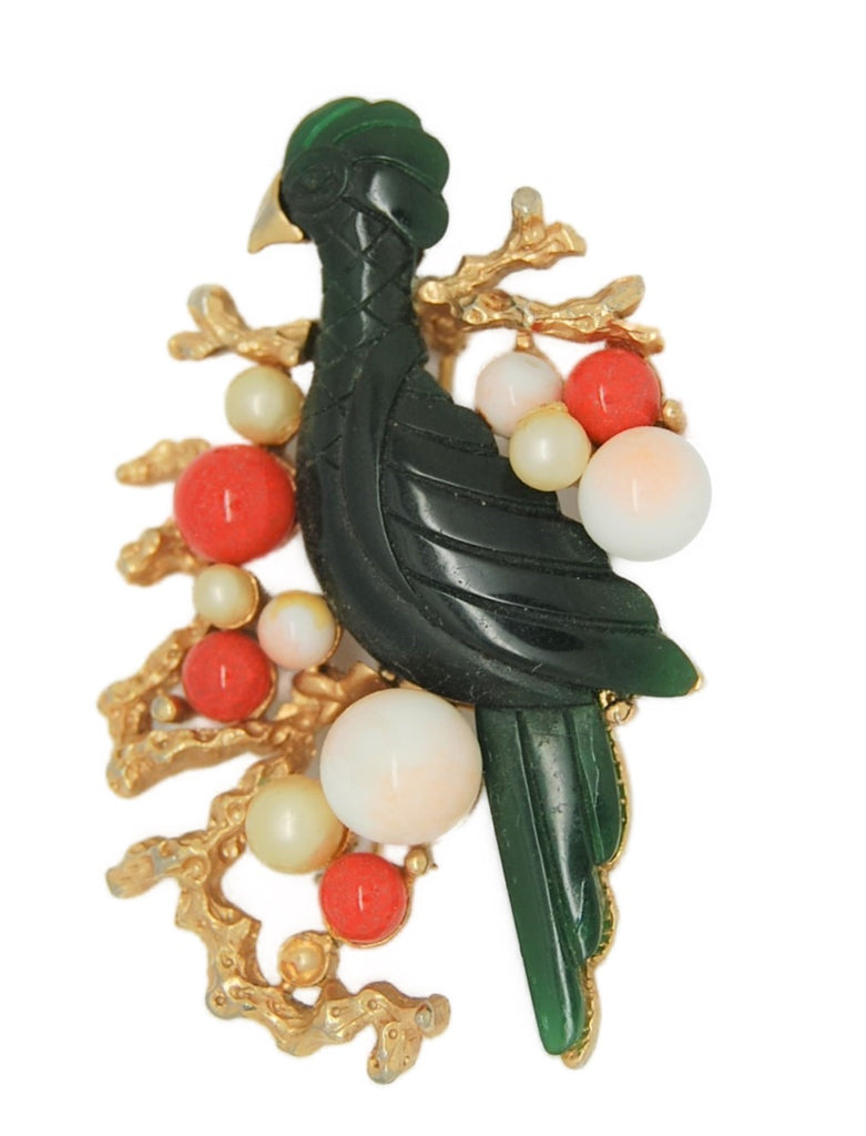 Hobe Dark Green Celluloid Fantasy Bird Coral Pearls Vintage Costume Figural Pin Brooch
