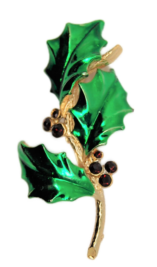 Christmas Holly & Ruby Rhinestone Branch Vintage Figural Pin Brooch