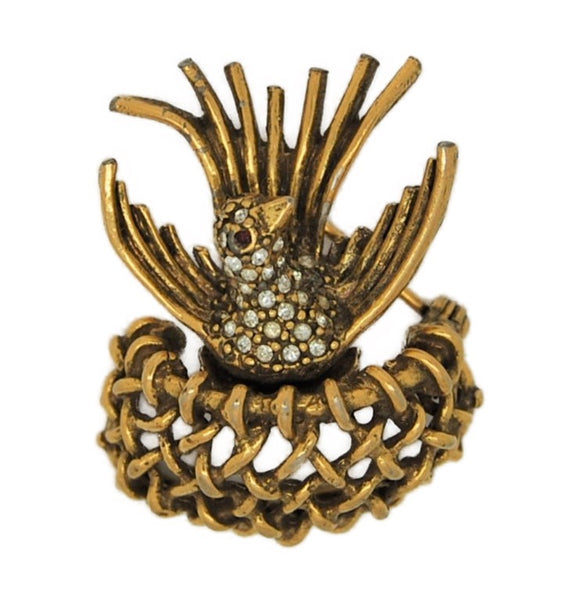 Jeanne Bird Sitting Nest Wire Work Vintage Costume Figural Pin Brooch