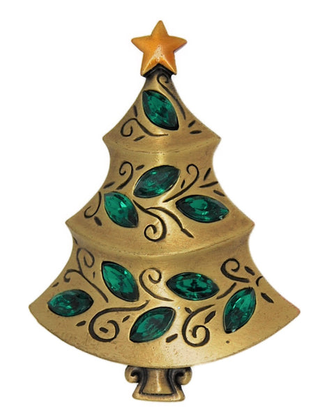 JJ Jonette Green Navette Christmas Tree Vintage Figural Costume Brooch