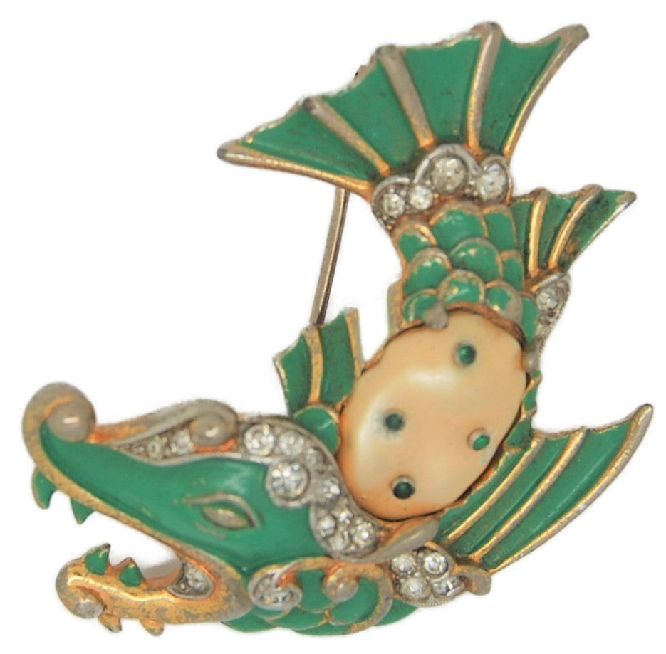 Trifari Ming Series Dragon Fish Fur Clip Vintage Figural Costume Pin Brooch 1942