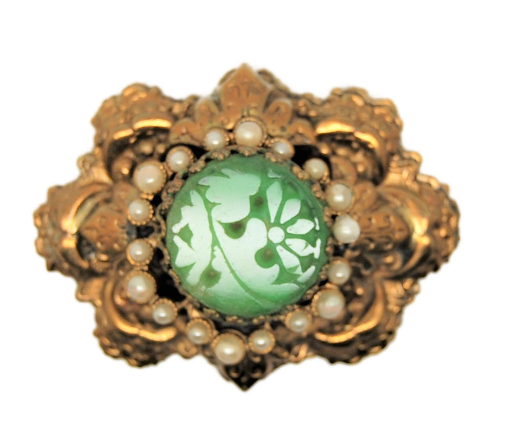 Neiger Brothers Carved Jade Pearls Dimensional Gold Vermiel Embossed Vintage Brooch