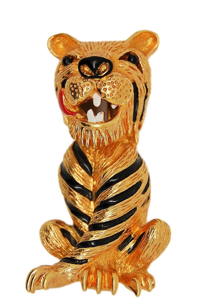 Panetta Smiling Tiger Black Enamel Stripes Figural Brooch Pin