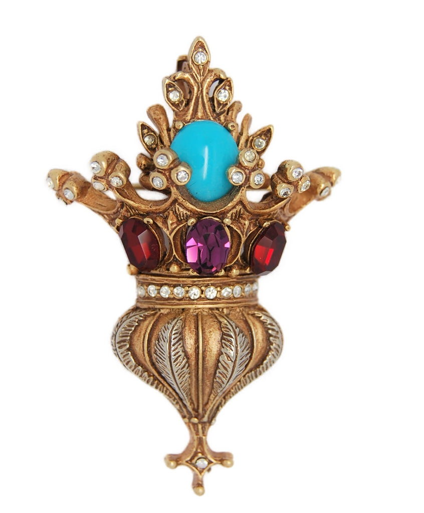Erwin Pearl Royal Crown Scepter Turquoise & Ruby Vintage Figural Brooch - Rare
