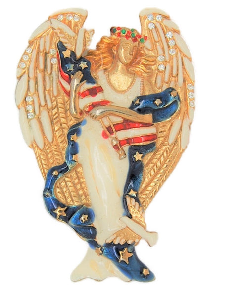 Radko Guardian Angel Christmas American Flag Vintage Costume Figural Pin Brooch