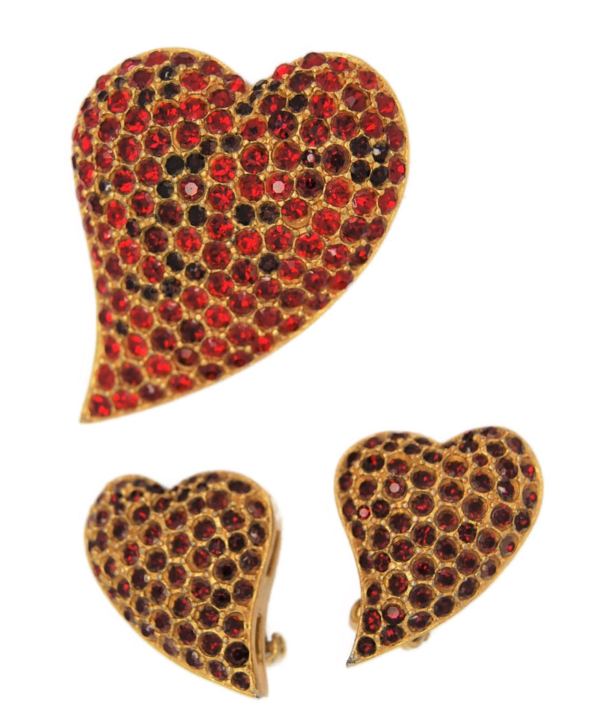 Heart Ruby & Red Rhinestone Valentines Pin Brooch & Earring Set - 1950s