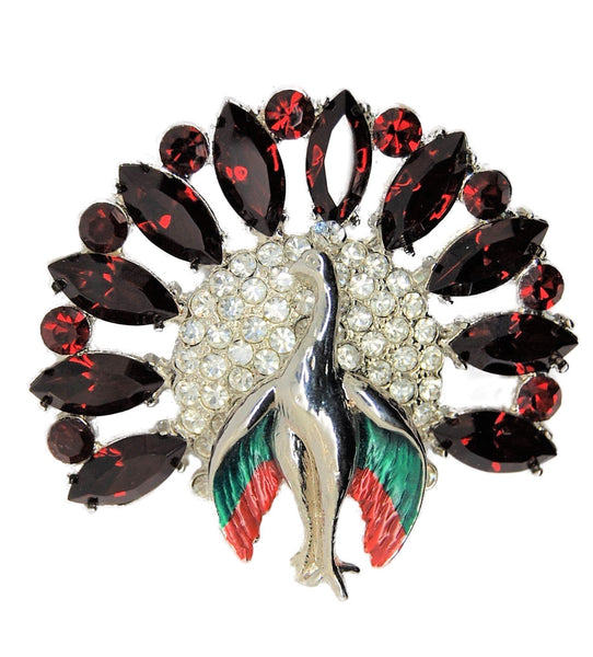 Art Deco Peacock Ruby Navette Tail Feathers Vintage Figural Pin Brooch 1940s