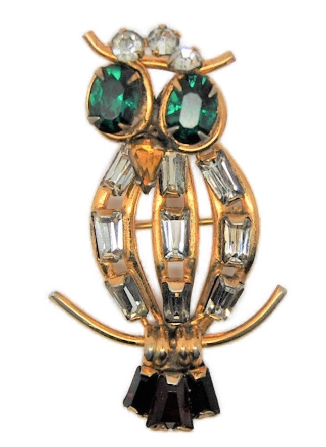 Scitarelli Curious Owl Gold Wire Rhinestone Vintage Figural Pin Brooch