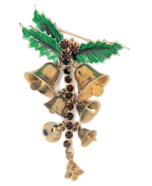 St Labre Christmas Holly Dangling Bells Vintage Figural Brooch